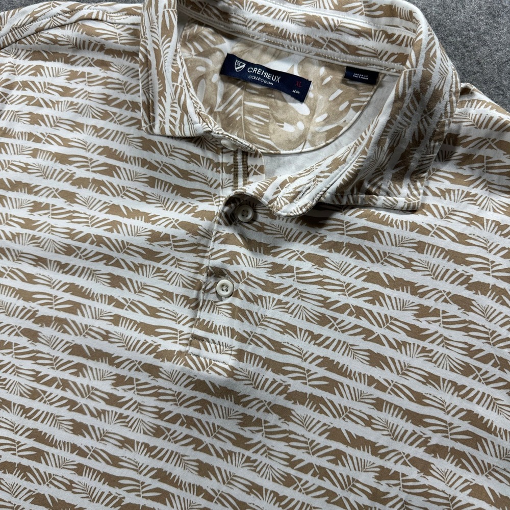 Cremieux Polo Shirt XL Tan White Tropical Palm Leaf‎ Striped Cotton Short Sleeve